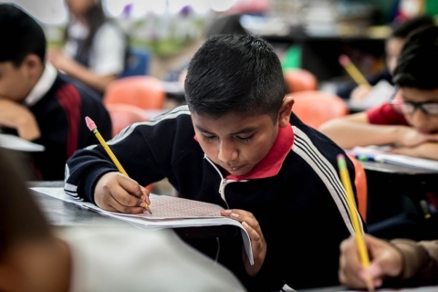 Young boy working on class work with other students